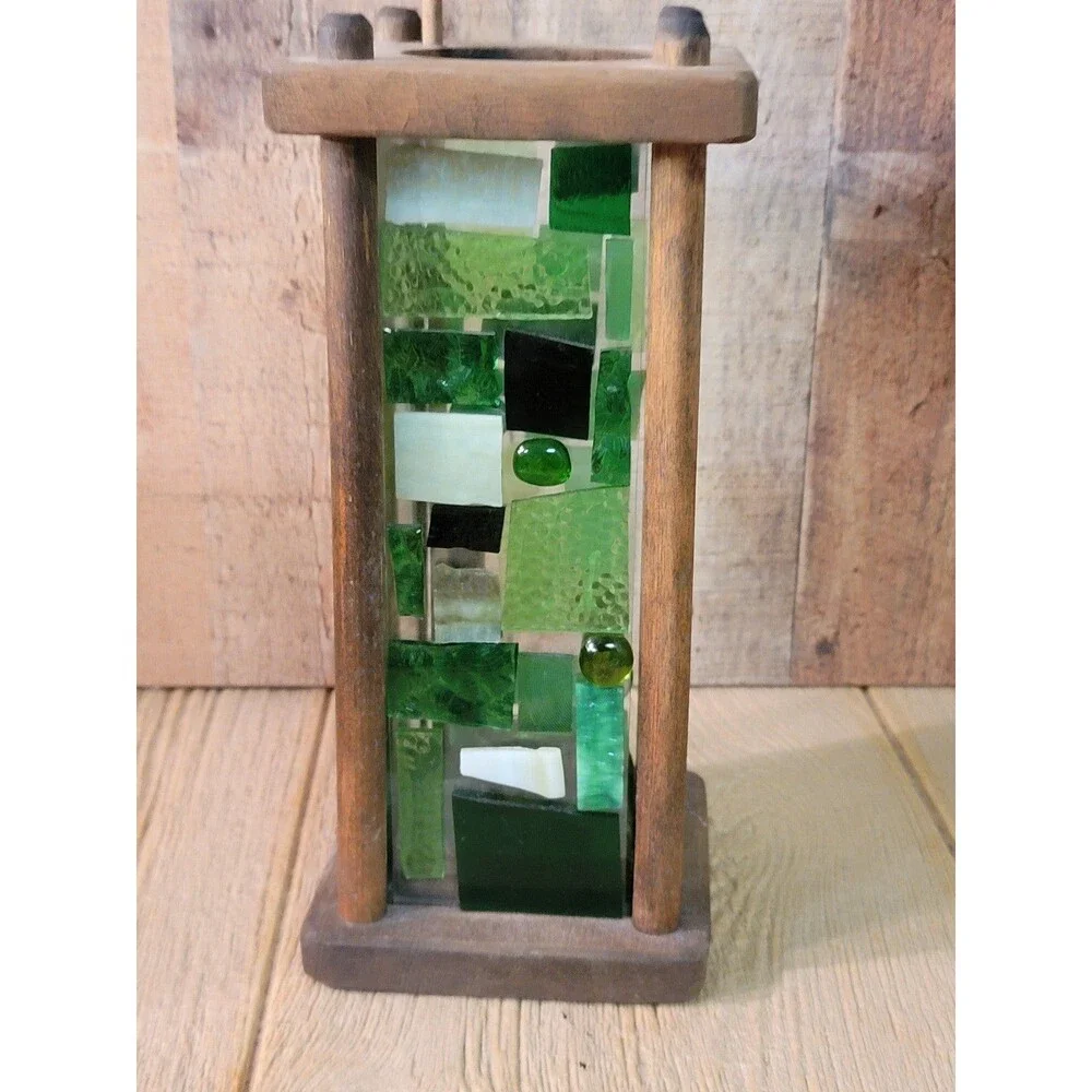 Green and White Mosaic Colorful Candle Holder.